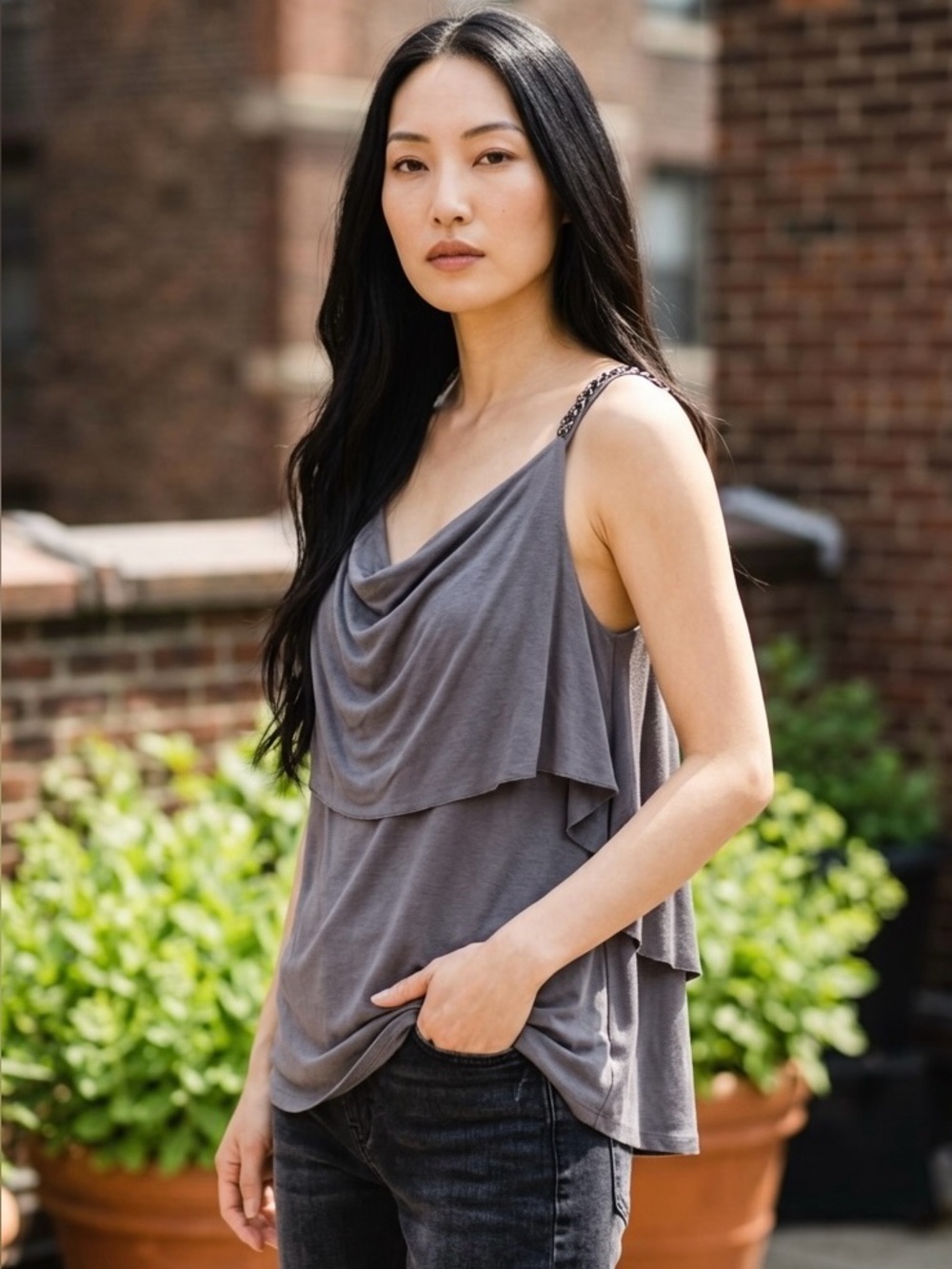 Rock & Republic Gray Ruffle Tank Top Ring Strap Layered Cami XL